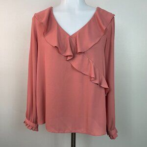LOFT Top SP Orange Ruffle V-Neck Long Sleeve Blouse Women's Small Petite
